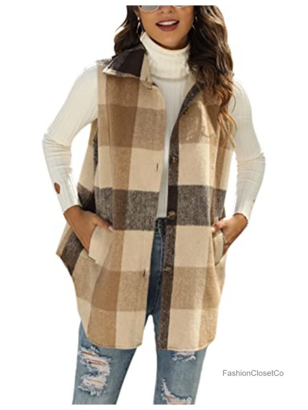 Womens Plaid Vest Sleeveless Button Down Faux Wool Layering Fall